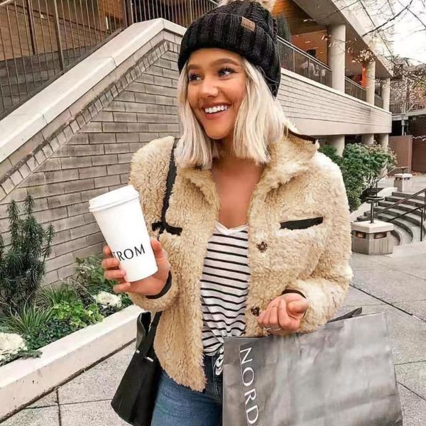 

women's fur & faux autumn women short fake coat lamb wool lapel jacket teddy ladies plush fashion artificial causal female, Black