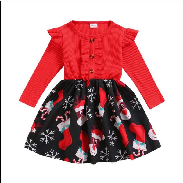 

christmas toddler kid girls dress santa print long sleeve knitted dresses for girls xmas new year costume, Red;yellow