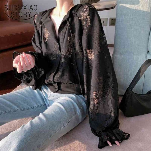 

office lady long floral shirts spring autumn lantern sleeve lace blouse for women black female clothing 12691 210415, White