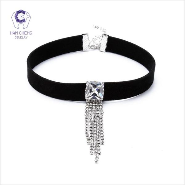 

chokers hancheng fashion ribbon silver plated tassel rhinestone zircon pendant choker necklace women statement collar jewelry bijoux, Golden;silver