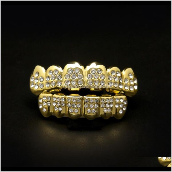 

grillz, grills drop delivery 2021 hip hop gold sier 8 diamond teeth grillz set bling iced out false dental body jewelry aessories lx0308 w4h, Black