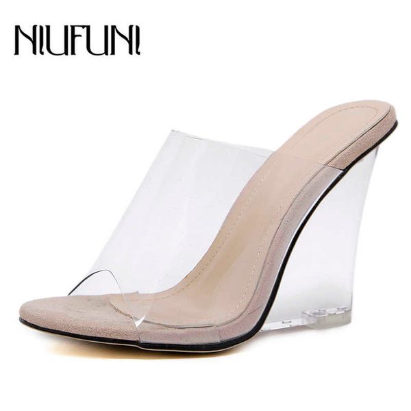 

slip on pvc transparent crystal heel women's slippers peep toe slides high heels shoes fashion wedges sandals pumps 210908, Black
