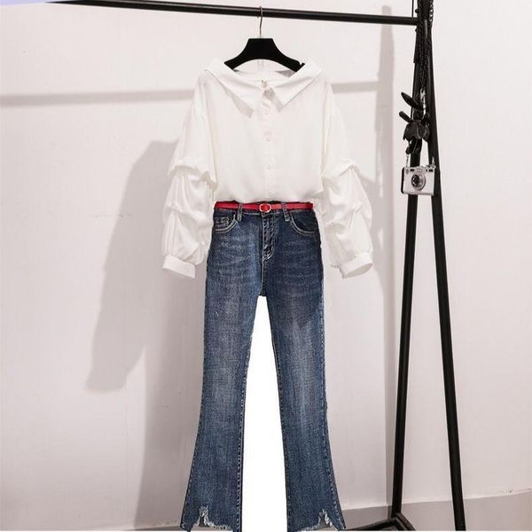 

women's two piece pants women 2021 spring fashion suits female solid color buttons blouses ladies high waist denim flare sets p163, White