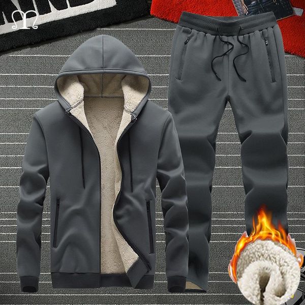 

men's tracksuits winter men casual tracksuit fashion warm thick jackets coats male brand joggers mens clothing set two pieces sweatsuit, Gray