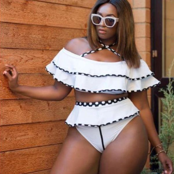 

plus size tankini white print swimming suit high waist bikini thong briefs halter swimwear women swimsuit 2021 mujer set women's, White;black