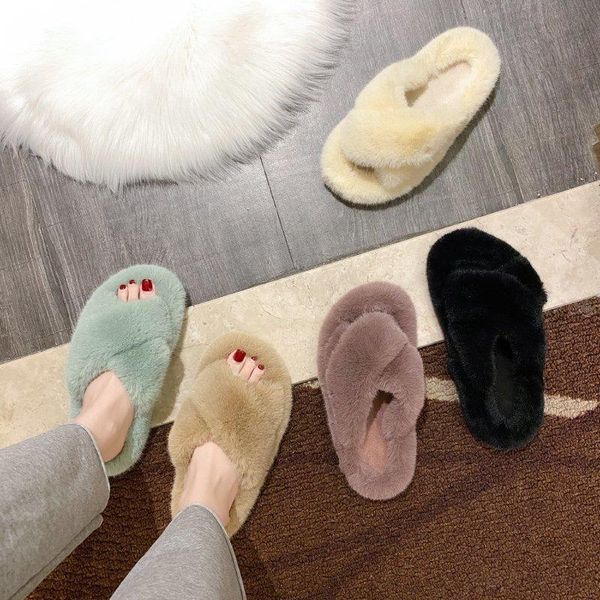 

cute women slippers winter warm furry shoes lady pink home felt flat family green indoor fur soft slip on slides, Black