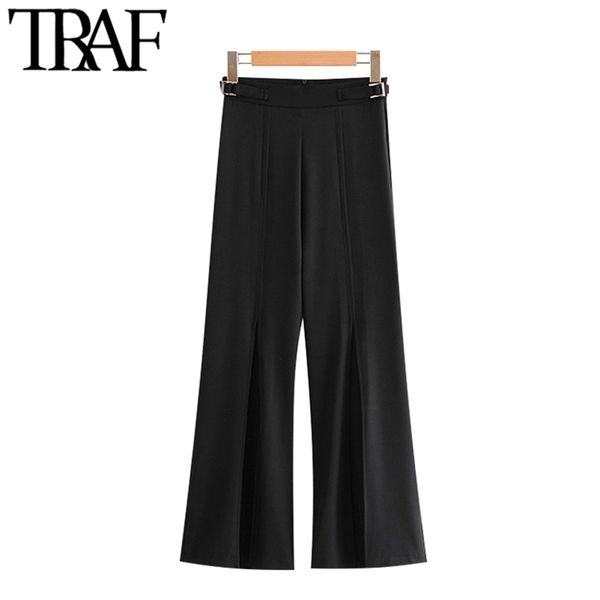 

women fashion with buckles pleated wide leg pants vintage high waist back zipper female ankle trousers mujer 210507, Black;white