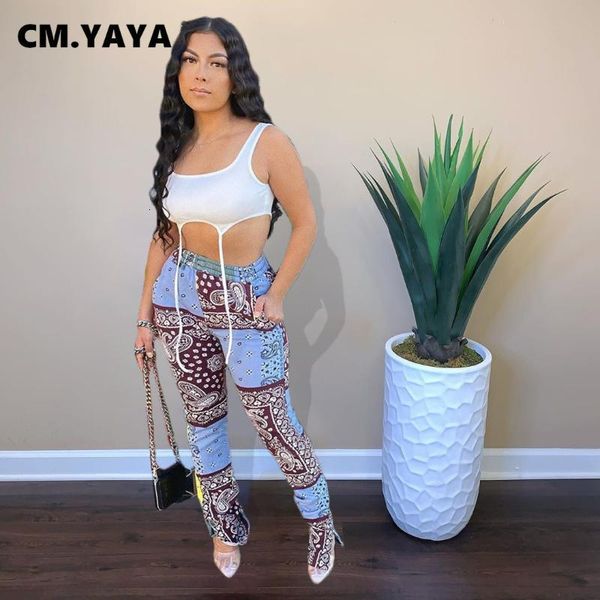 

cm. sportwear women bandanna paisley print jogger slit flare activewear patchwork trousers draped pants sweatpants, Black;white