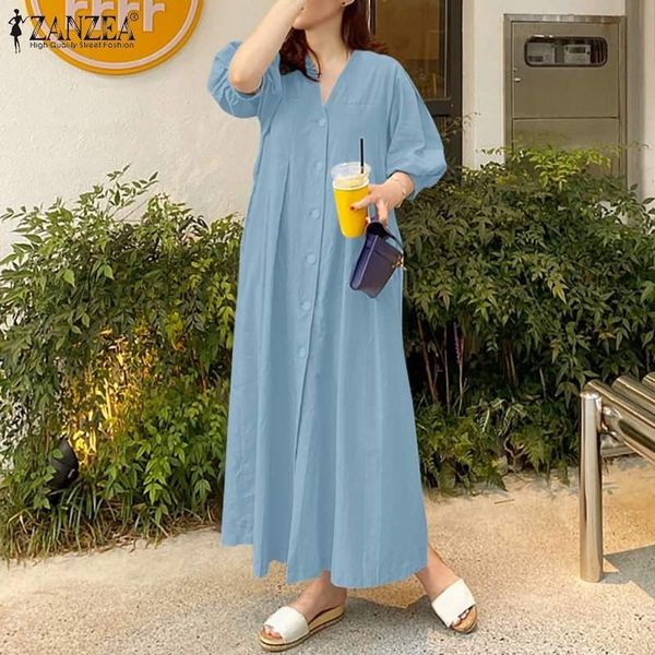 

casual dresses fashion pleated shirt dress women's summer sundress zanzea 2021 half sleeve maxi vestidos female v neck robe oversized, Black;gray