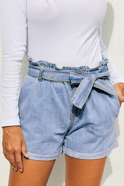 

women's jeans denim shorts with high waist bow belt, Blue