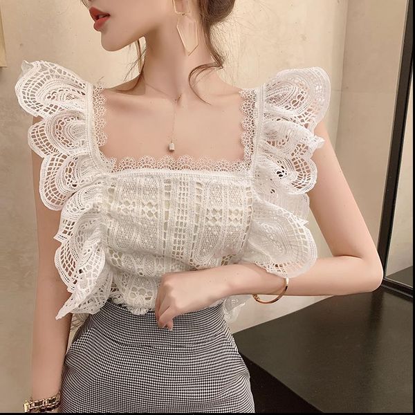 

womens shirts summer women sweet hollow out ladies white sleeveless ruffled blouses lace shirt