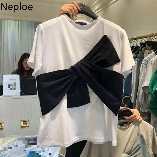 

korean contrast color patchwork short sleeve t shirt fashion bow design cutton tees loose wild summer ladies 49363 210422, White