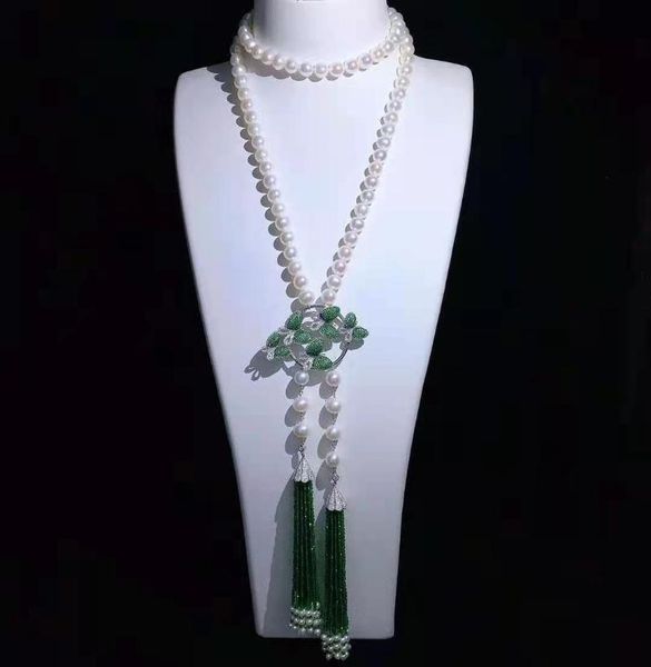 

chains 2 rows 8-9mm freshwater cultured pearl glass tassels micro inlay zircon accessories sweater necklace long 80cm, Silver