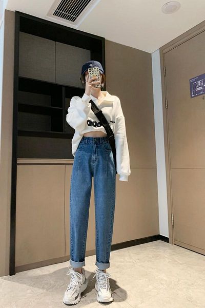 

women's jeans pants high waist winter style thin straight, Blue