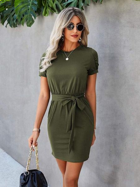 

ruched sleeve belted fitted dress she, Black;gray