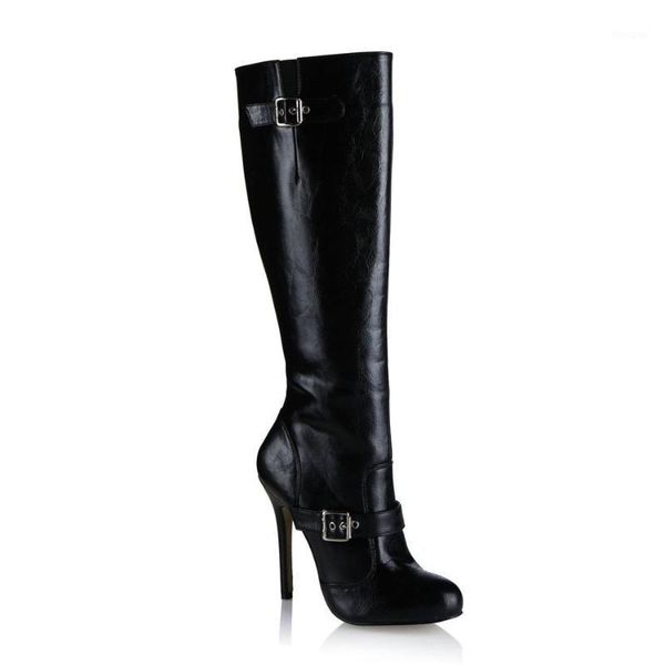 

boots chmile chau black party shoes women stiletto high heels buckle ladies knee-high zapatos mujer plus size 0640cbt-5a1