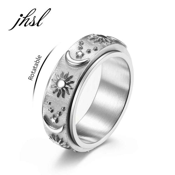 

wedding rings rotatable men star moon sun design stainless steel black gold silver color dropship wholesale us size 6 7 8 9 10 11 12, Slivery;golden