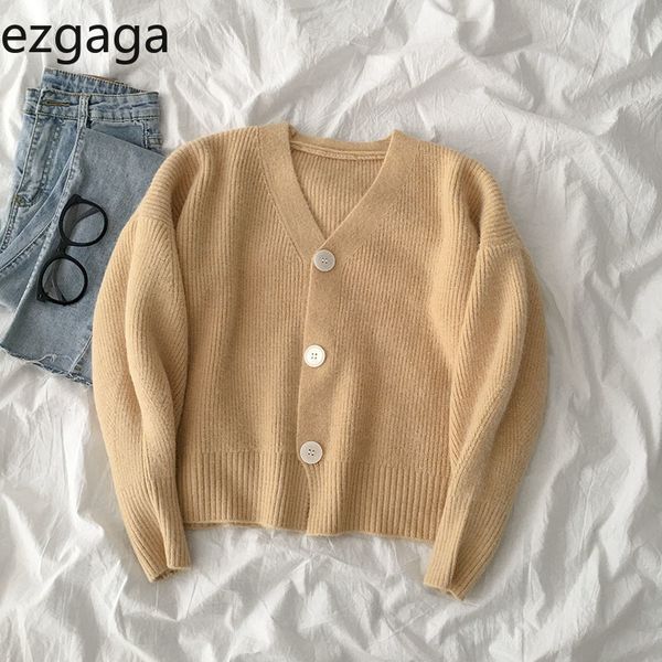 

ezgaga sweater women autumn fashion new v-neck long sleeve single breasted knitted cardigan loose solid female warm casual 210430, White