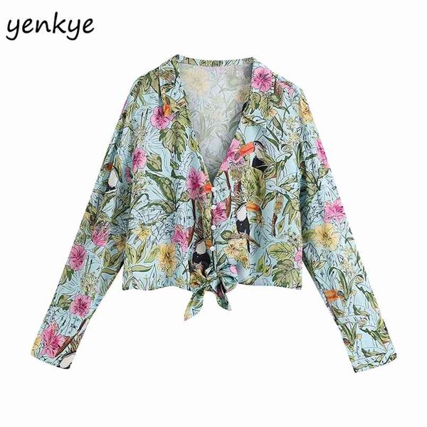 

multicolor print cropped blouse shirt women long sleeve v neck hem knot summer shirts streetwear casual plus size 210514, White