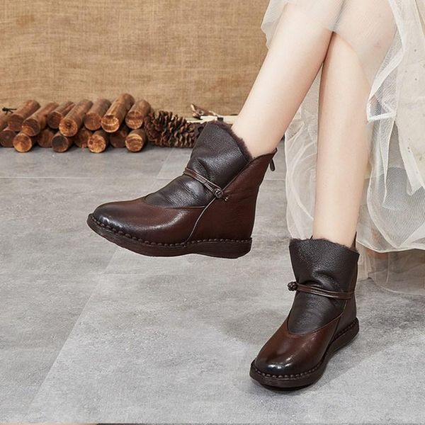 

boots women's 2021 winter retro leather flat-heeled soft-soled cotton casual comfortable plus velvet snow boot1, Black