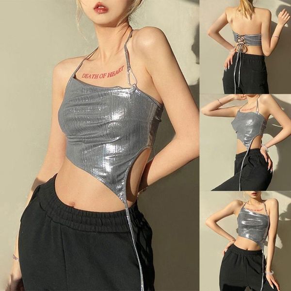 

women's tanks & camis women halter bandage backless crop shiny metallic silver slim irregular camisole criss cross lace-up sling ve, White