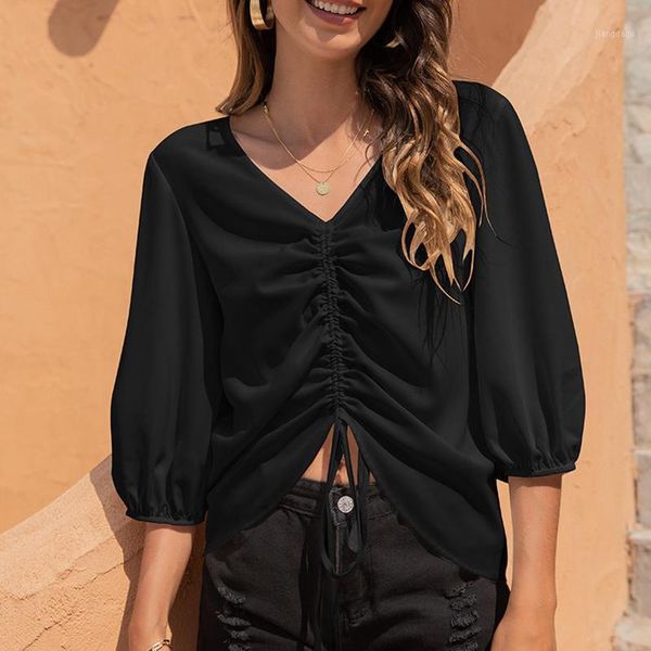 

women's blouses & shirts women fashion solid 3/4 sleeve loose blouse drawstring female shirt chiffon blusas mujer summer femme, White