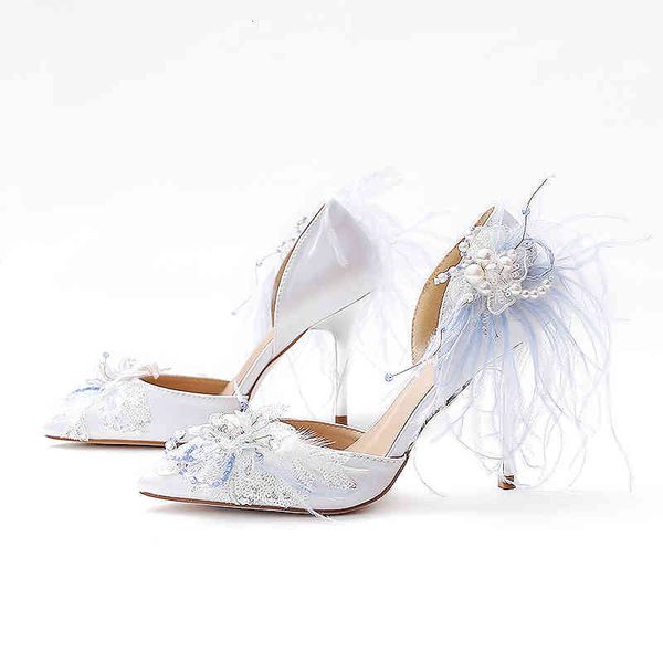 

slippers summer hollow pointed lace girl light blue feather bridal wedding shoes elegant banquet dress wild sandals ltn, Black