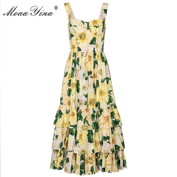 

moaayina fashion cotton dress summer women's spaghetti strap backless camellia floral print cascading ruffle dresses casual, Black;gray