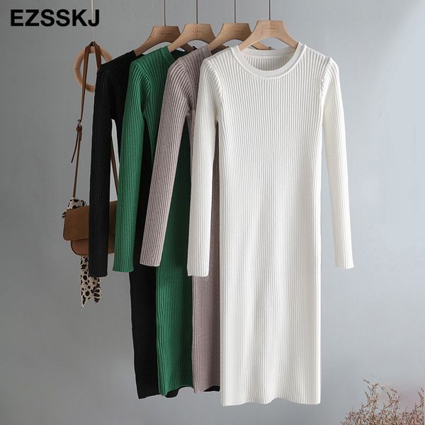 

2021elegant autumn winter basic maix sweater dress women solid bodycon thick dress female jumper o-neck slim knit dress long sleeve, Black;gray