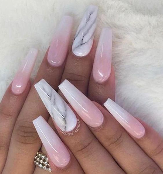 

false nails 24pcs fake press on pink gradient nail patch marble pattern glue type removable long paragraph fashion manicure tips, Red;gold