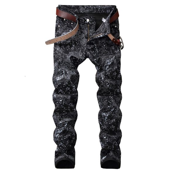 

men's jeans slim black printed jeans fashion stretch pencil pants cmvy, Blue