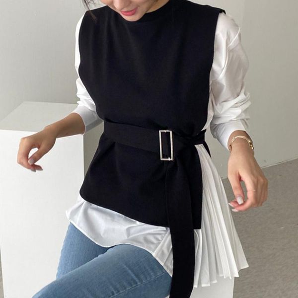 

women's blouses & shirts [ewq] korea chic minority irregular organ pleated shirt + lace up waist closed knitted vest two-piece set for, White