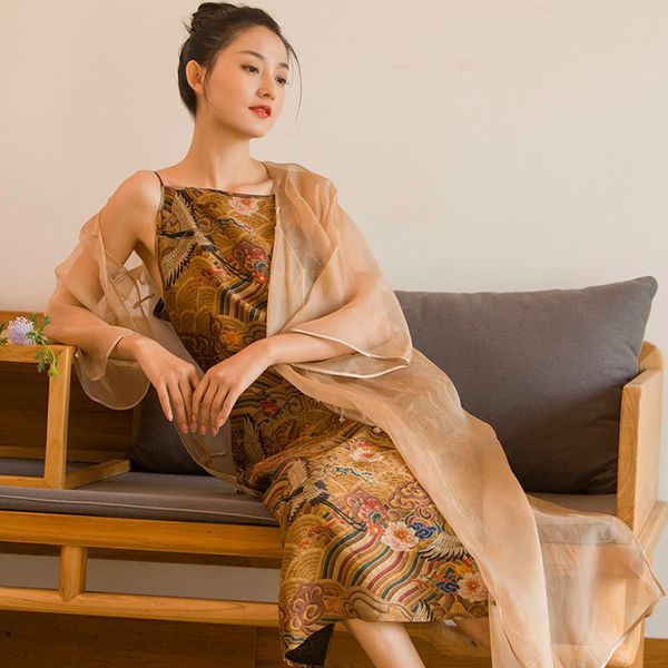 Johnature женщины китайский стиль спагетти ремешок платья высококачественные рукава рукава без рукавов летнее винтажное шелковое платье 210521