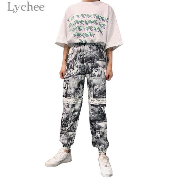 

women's pants & capris lychee harajuku painting print women high elastic waist casual loose trousers jogger harem, Black;white