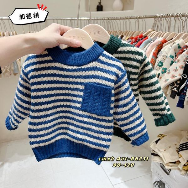 

pullover 2021 winter children's sweater boys striped baby korean plus fleece, Blue