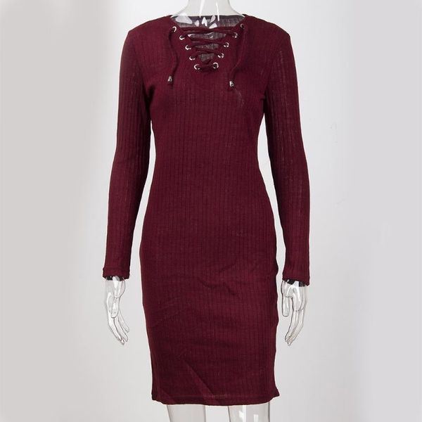 

casual dresses package hip warm solid women dress mini fashion winter slim lace up long sleeve elastic knit basic bottoming, Black;gray