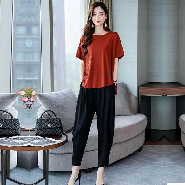 

clothes for women summer suit short sleeve t-shirt + black casual pants sets women's chiffon shirt conjunto l-5xl w232 two piece dress, White