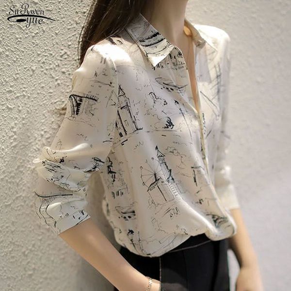 

autumn vintage loose bottoming shirt elegant printed long sleeve chiffon blouse women chemisier femme 10315 210521, White