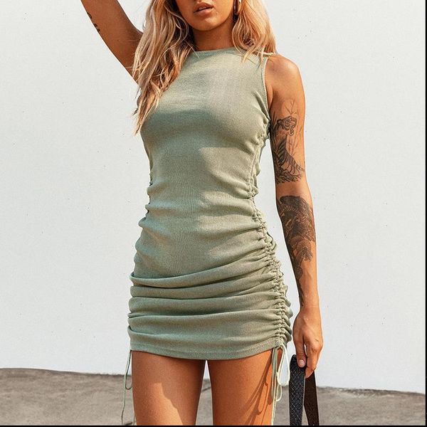 

hirigin ribbed mini dress womens dresses women off shoulder party o neck drawstring knit club tank short summer, Black;gray