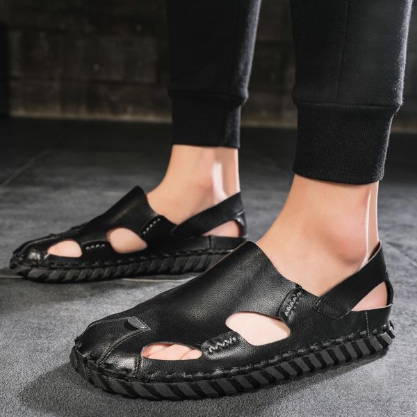 

casual men's sandals handmade sewing summer outdoor beach men sports fashion anti-slip water resistance male flats shoes slippers, Black