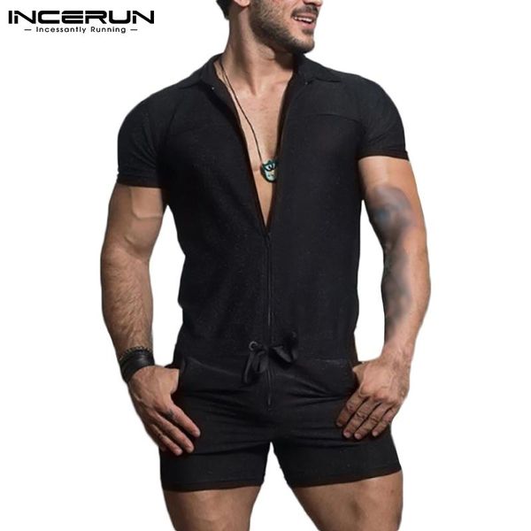 

men's shorts 2021 men rompers solid color streetwear lapel short sleeve drawstring casual jumpsuit zipper workout overalls incerun 5xl, White;black