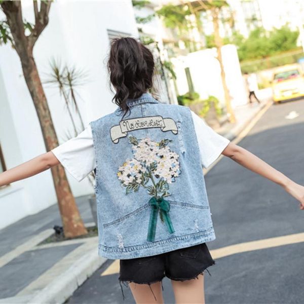 

women's vests mexemara fashion the loose embroidery bow hole cowboy vest, Black;white