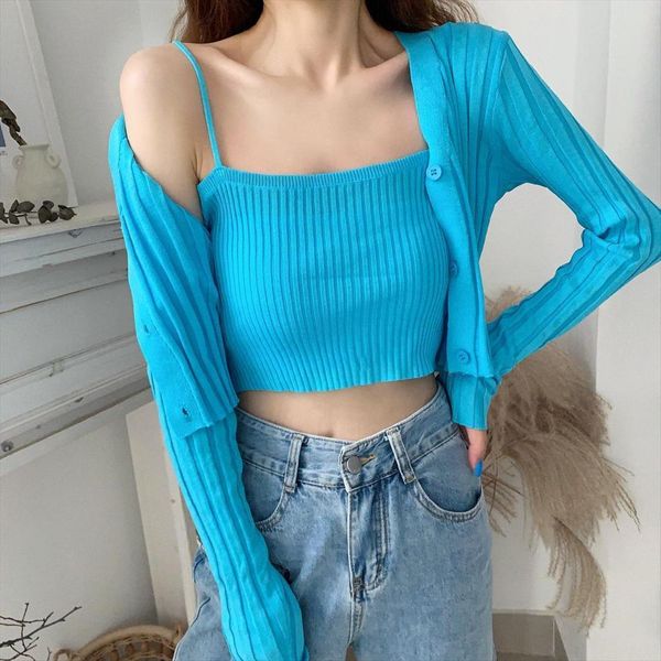 

two pieces knitted clothing womens sweater women cardigans lady soft simple shirts crop femme autumn, White;black