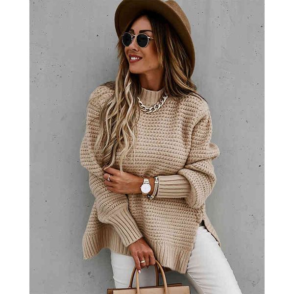 

women solid knitted side slit mock neck sweater winter long lantern sleeve basic pullover casual female loose 210416, White;black
