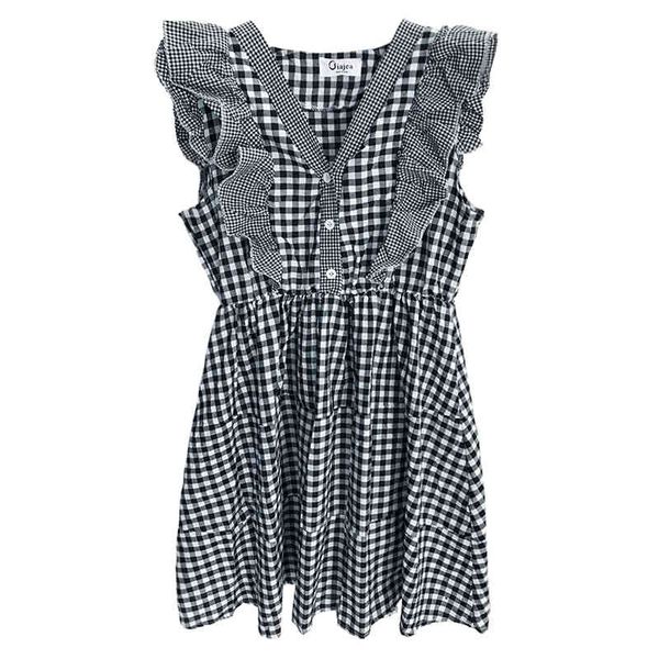 

black red plaid dress flying sleeveless tank v neck button vintage mini a line d1615 210514, Black;gray