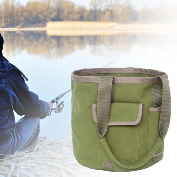 

fishing accessories army green canvas portable rainproof garden tool bucket tote bag for outdoor large capacity camping