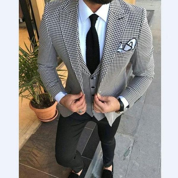 

men's suits & blazers 2021 custom fashion luxury houndstooth blazer slim fit groomsmen tuxedo for wedding evening party 2 piece male co, White;black