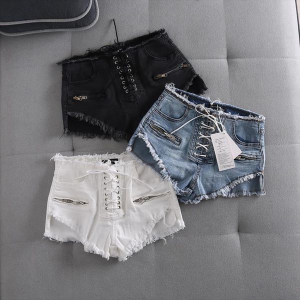 

summer denim black ripped womens shorts jeans high waisted tassel elastic lace up bandage ants pants, White;black