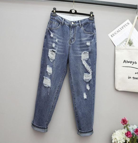 

women's jeans cocoepps 2021 4xl 5xl summer plus size ripped jean women high waist loose hole elastic large nine harem, Blue