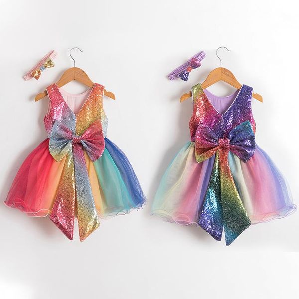 

girl's dresses baby girls for 1-5 years kids children sequined princess dress bowknot rainbow birthday party baptism wedding clothing, Red;yellow